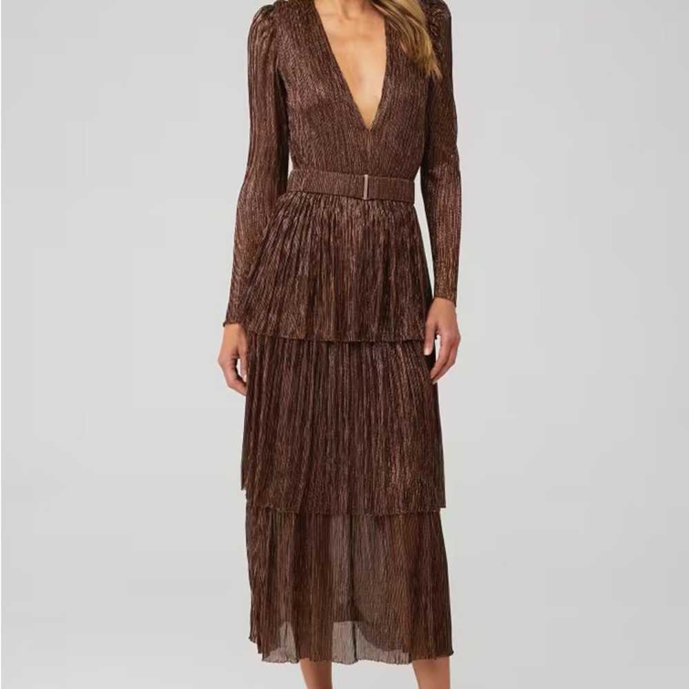 Sabina Bronze-Brown Tiered Long-Sleeve V-Neck Dress
